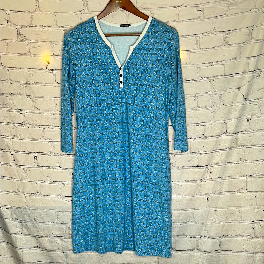J. McLaughlin Blue Patterned Long Sleeve Dress Size Large Excellent Condition